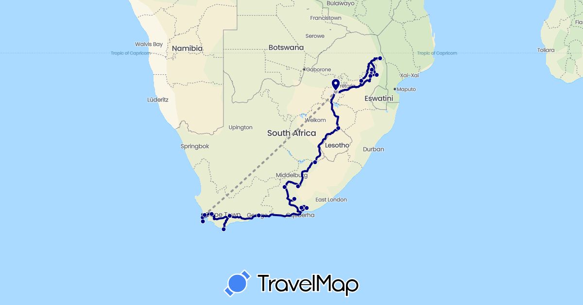 TravelMap itinerary: driving, plane in South Africa (Africa)